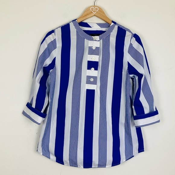 J. Crew classic blue and white striped button front long sleeve top. Size XXS - Picture 1 of 6